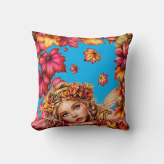 Autumn Fairy Portrait with Maple Leaves Frame Cushion