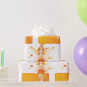 Autumn Fairy Princess with Orange Leaves and Crown Wrapping Paper