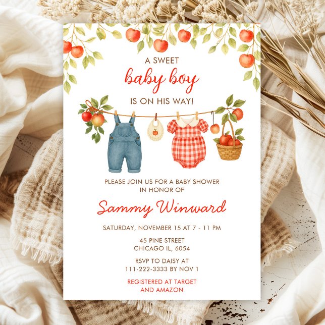 Autumn Fall Apple Clothes Line Boy Baby Shower Invitation (Creator Uploaded)