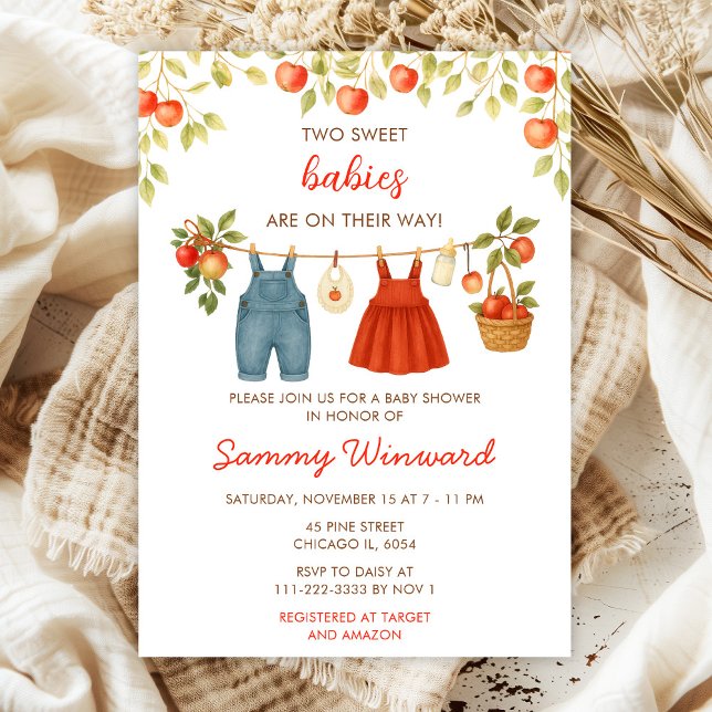 Autumn Fall Apple Clothes Line Twins Baby Shower Invitation (Creator Uploaded)