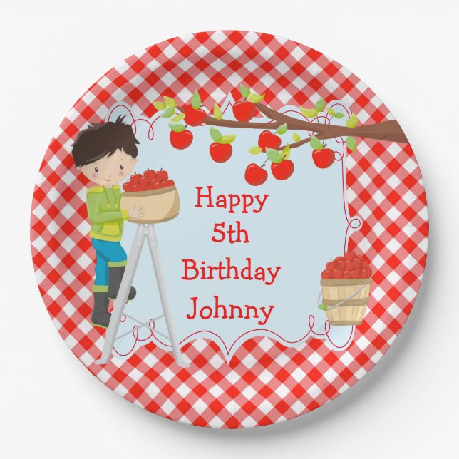 Autumn Fall Apple Picking Black Hair Boy Birthday Paper Plate (Front)