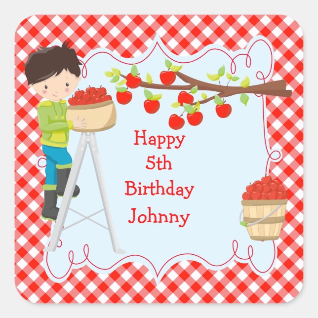 Autumn Fall Apple Picking Black Hair Boy Birthday Square Sticker (Front)