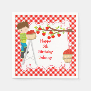 Autumn Fall Apple Picking Brunette Boy Birthday Napkin