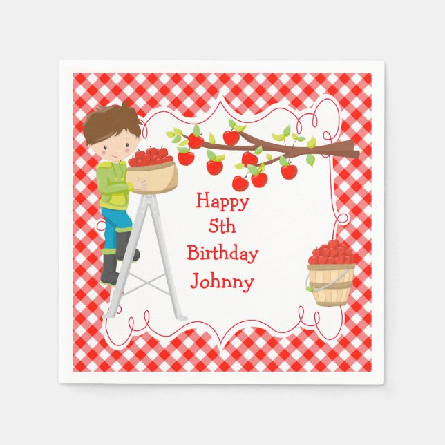 Autumn Fall Apple Picking Brunette Boy Birthday Napkin (Front)