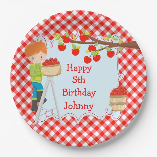Autumn Fall Apple Picking Red Hair Boy Birthday Paper Plate (Front)