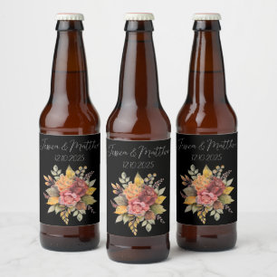 Autumn Fall Black Rustic Watercolor Wedding Beer Bottle Label