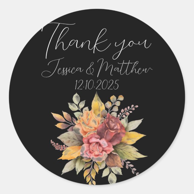 Autumn Fall Black Rustic Watercolor Wedding Classic Round Sticker (Front)
