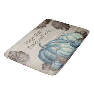 Autumn Fall Blue Pumpkin Rustic Cute Grey Wood Bath Mat