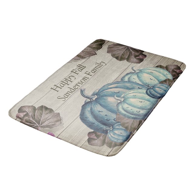 Autumn Fall Blue Pumpkin Rustic Cute Grey Wood Bath Mat (Angled)