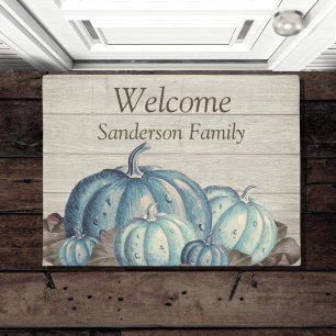 Autumn Fall Blue Pumpkin Rustic Cute Grey Wood   D Doormat