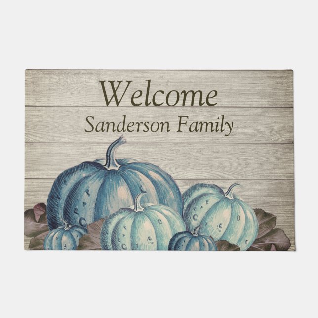 Autumn Fall Blue Pumpkin Rustic Cute Grey Wood Doormat (Front)