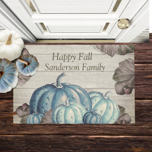 Autumn Fall Blue Pumpkin Rustic Cute Grey Wood Doormat