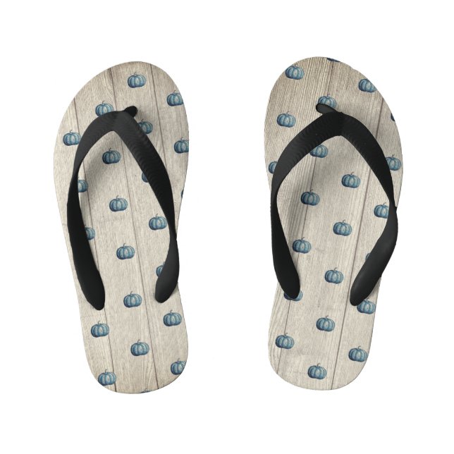 Autumn Fall Blue Pumpkin Rustic Cute Grey Wood Kid's Thongs (Footbed)