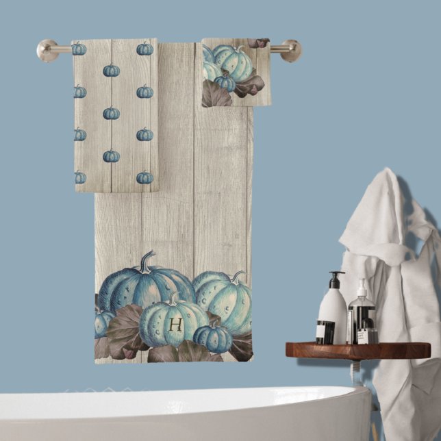 Autumn Fall Blue Pumpkin Rustic Cute Grey Wood  Sh Bath Towel Set (Creator Uploaded)