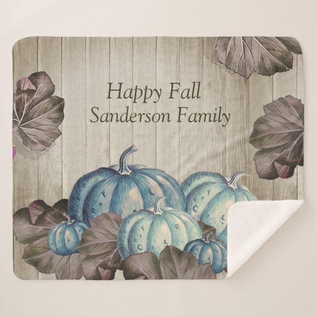 Autumn Fall Blue Pumpkin Rustic Cute Grey Wood  Sherpa Blanket (Front (Horizontal))