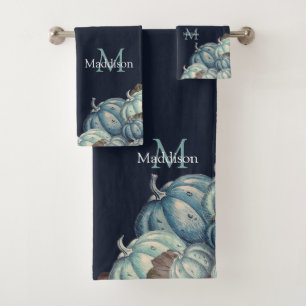 Autumn Fall Blue Watercolor Pumpkin Rustic Navy Bath Towel Set