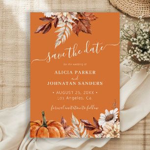 Autumn fall boho foliage burnt orange wedding save the date