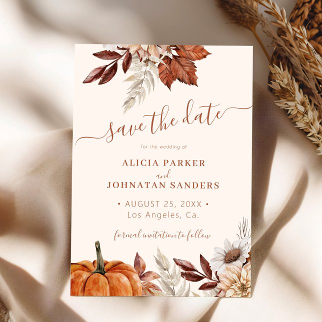 Autumn fall boho foliage terracotta cream wedding save the date (Creator Uploaded)