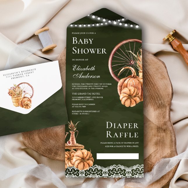 Autumn Fall Boho Pumpkin Sage Green Baby Shower All In One Invitation (Creator Uploaded)