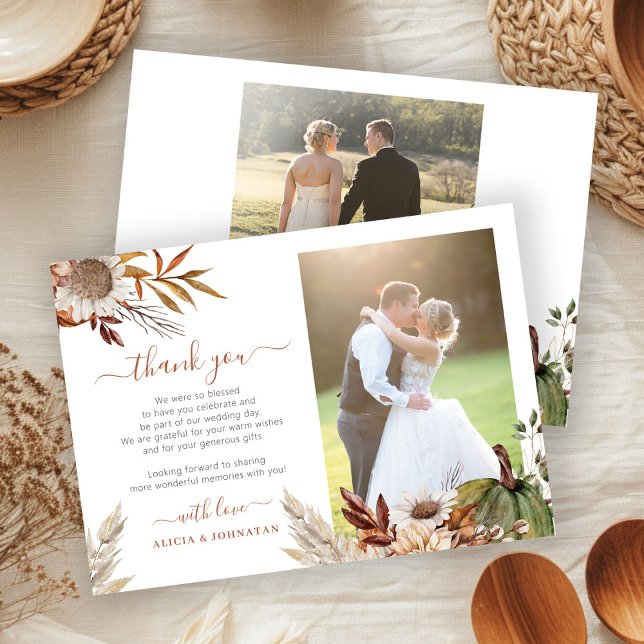 Autumn fall botanical rustic photo wedding thank you card (Creator Uploaded)