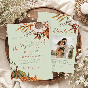 Autumn fall botanical sage green QR code wedding Invitation