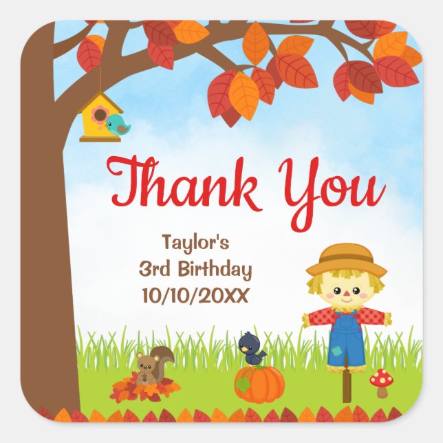 Autumn Fall Boy Scarecrow Birthday Thank You Square Sticker (Front)