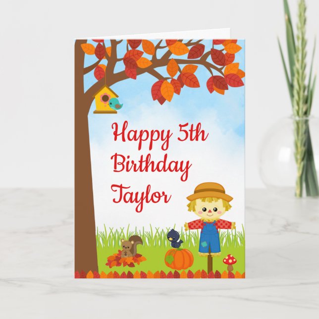 Autumn Fall Boy Scarecrow Happy Birthday Card (Front)