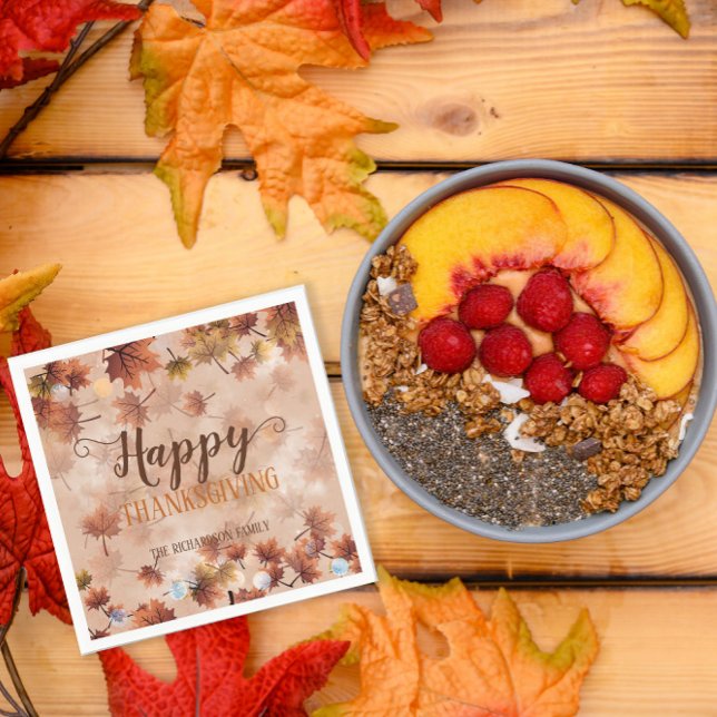 Autumn Fall Brown Leaves Happy Thanksgiving Napkin (Creator Uploaded)
