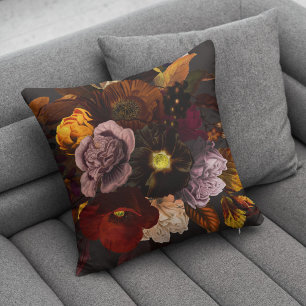 Autumn fall burgundy brown and dusty rose flowers cushion