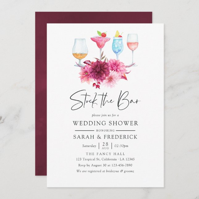 Autumn - Fall Burgundy & Pink Floral Stock the Bar Invitation (Front/Back)