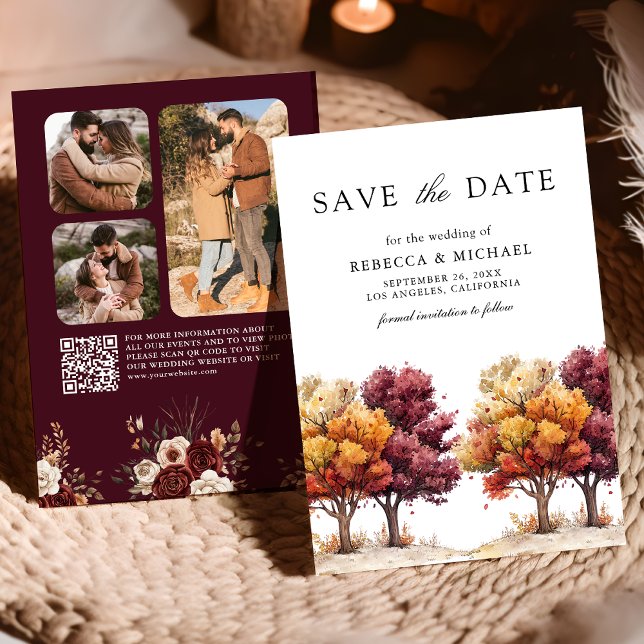Autumn Fall Burgundy Trees QR Code Photo Wedding   Save The Date (Creator Uploaded)