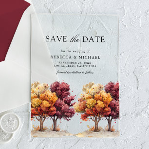 Autumn Fall Burgundy Trees Wedding Save the Date Acrylic Invitations