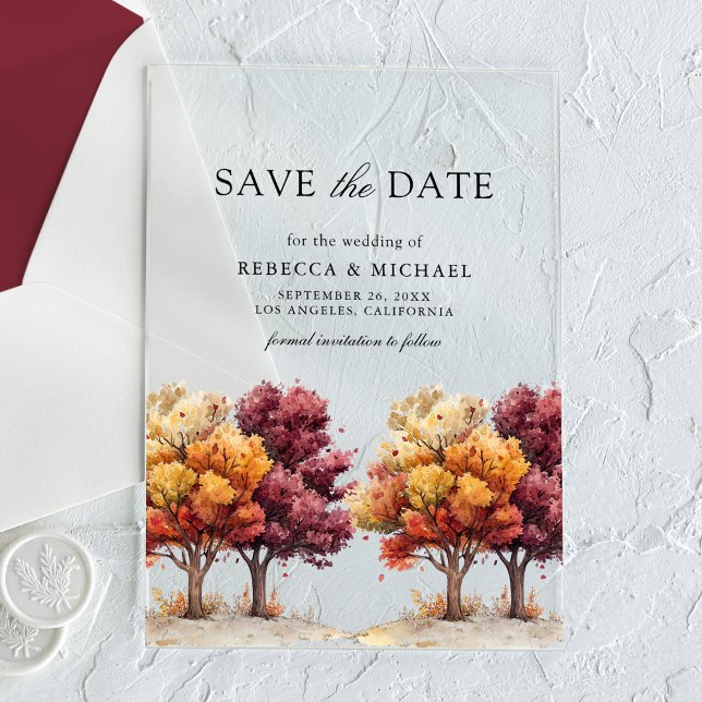Autumn Fall Burgundy Trees Wedding Save the Date Acrylic Invitations (Creator Uploaded)