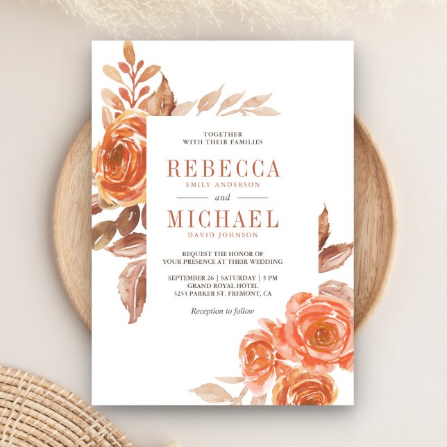 Autumn Fall Burnt Orange Floral Terracotta Wedding Invitation (Creator Uploaded)