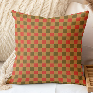 Autumn Fall Chequered Pattern Brown Red Gold Yello Cushion