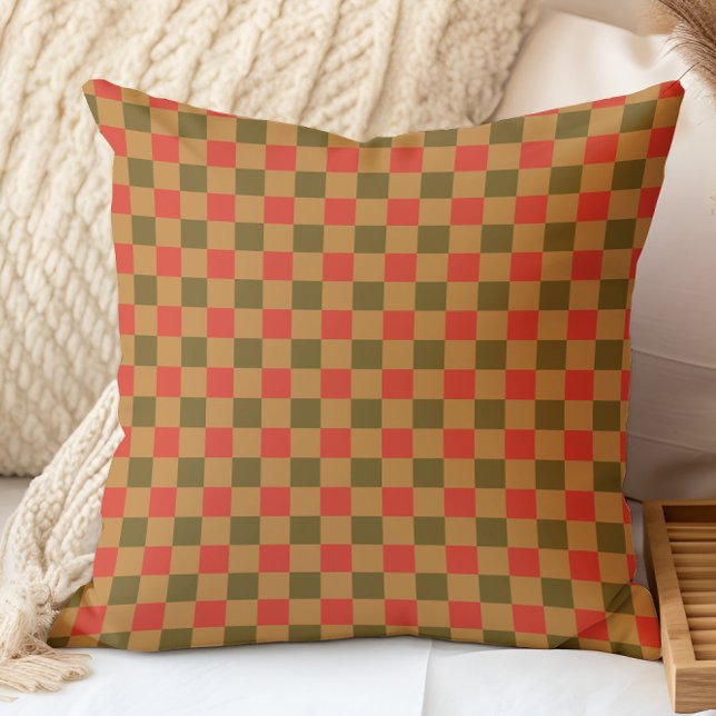 Autumn Fall Chequered Pattern Brown Red Gold Yello Cushion (Creator Uploaded)
