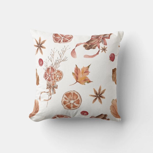 Autumn Fall Citrus Star Anise Cinnamon Watercolor Cushion (Front)