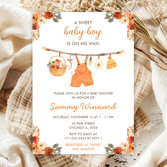 Autumn Fall Clothes Line Boy Baby Shower Invitation (Creator Uploaded)