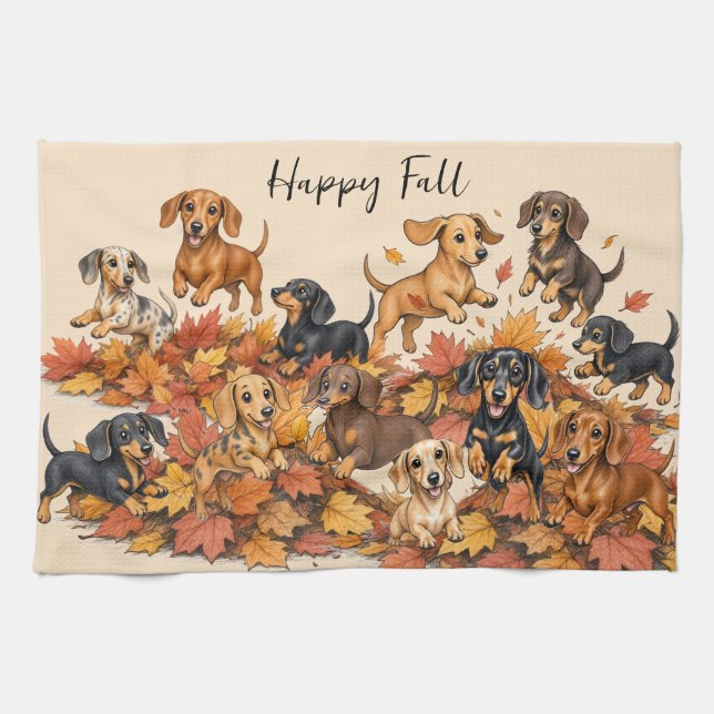 Autumn Fall Dachshund Puppies  Tea Towel (Horizontal)