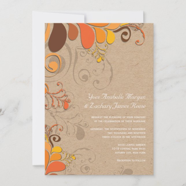 Autumn Fall Deco Floral Swirls Kraft Paper Wedding Invitation (Front)