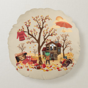 Autumn Fall Elements and Scenery Round Cushion