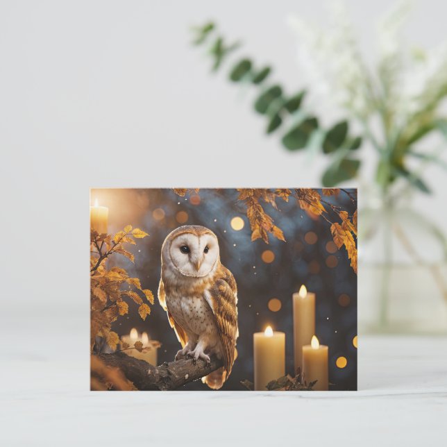 Autumn Fall Equinox Mystical Candles Owl Holiday Postcard (Standing Front)