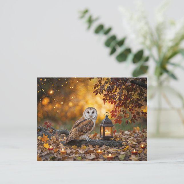 Autumn Fall Equinox Mystical Owl and Lantern Holiday Postcard (Standing Front)