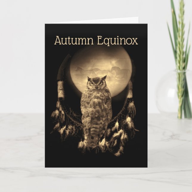 Autumn Fall Equinox Owl Moon Horses Dreamcatcher Card (Front)
