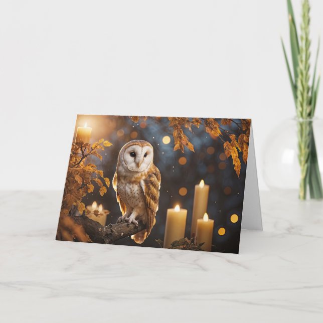 Autumn Fall Equinox with Cute Owl Candles and Fall Card (Front)