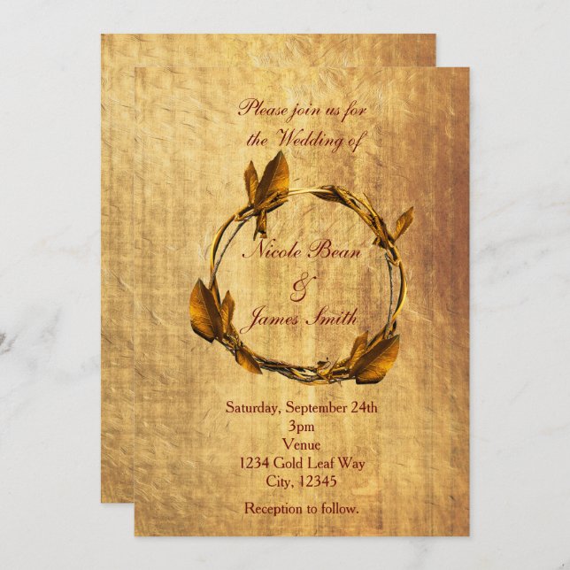 Autumn Fall Faux Gold Leaf & Stick Wreath Wedding Invitation (Front/Back)