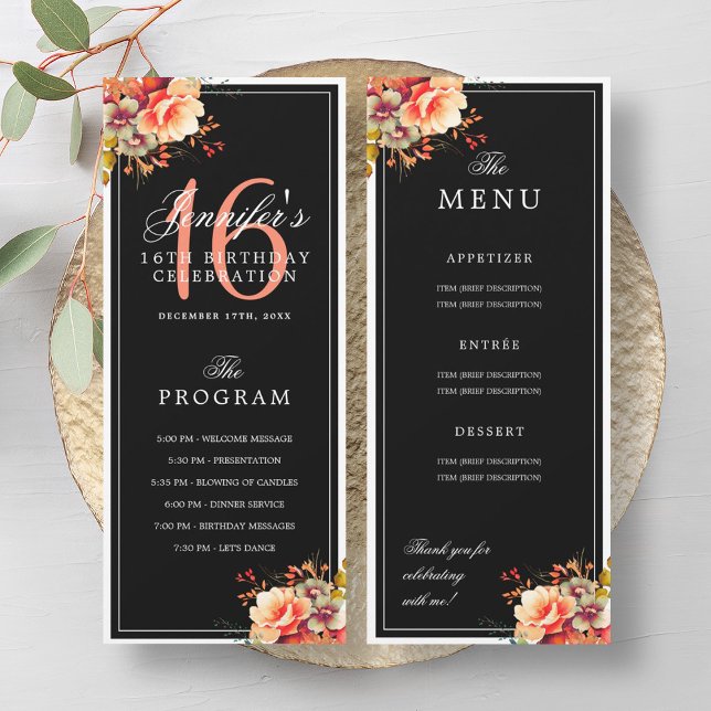 Autumn Fall Floral 16th Birthday Program Menu Blac (Autumn Fall Floral 16th Birthday Program Menu Blac)
