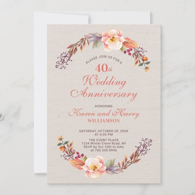Autumn/Fall Floral 40th Wedding Anniversary Invite (Front)