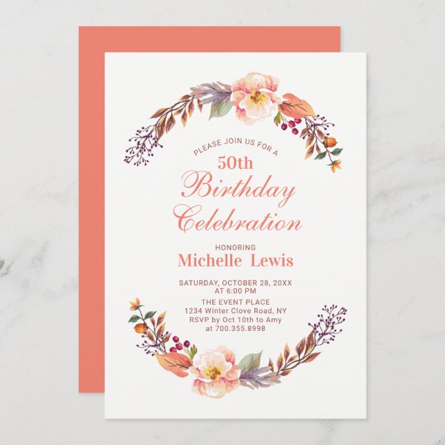 Autumn/Fall Floral 50th Birthday Party Invitation (Front/Back)