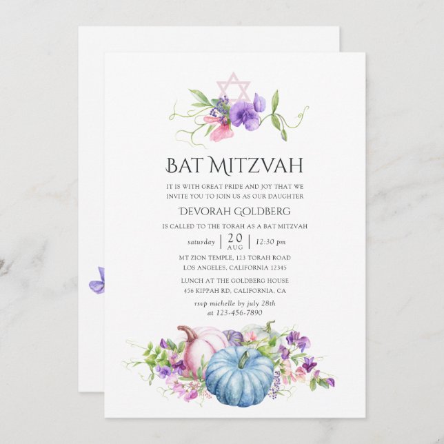 Autumn - Fall Floral Bat Mitzvah Invitation (Front/Back)